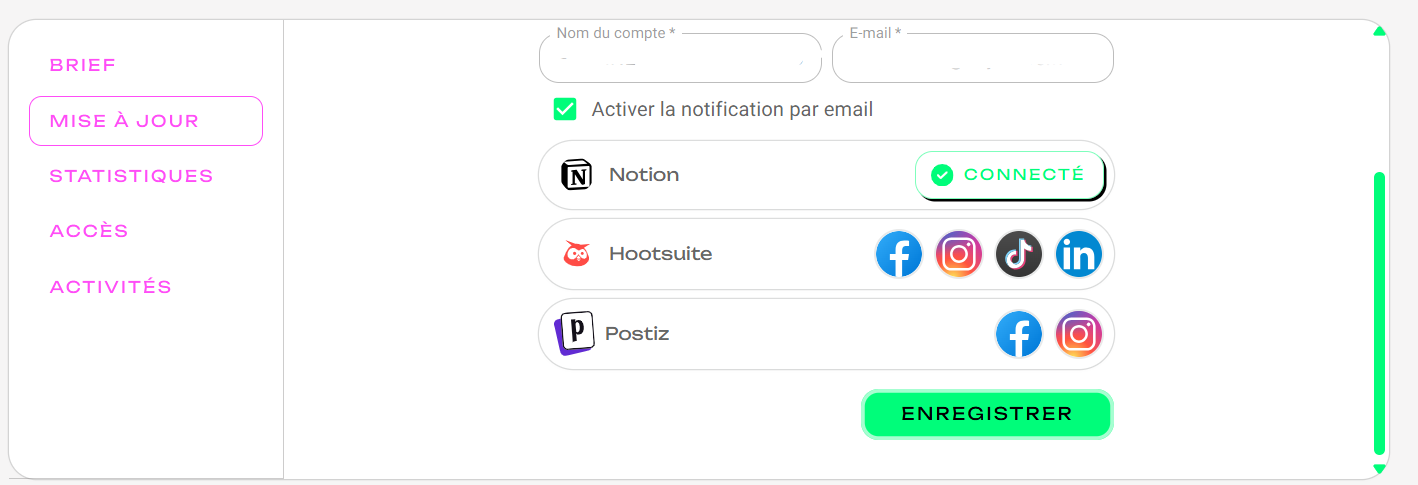 Interface de mise à jour des connexions
